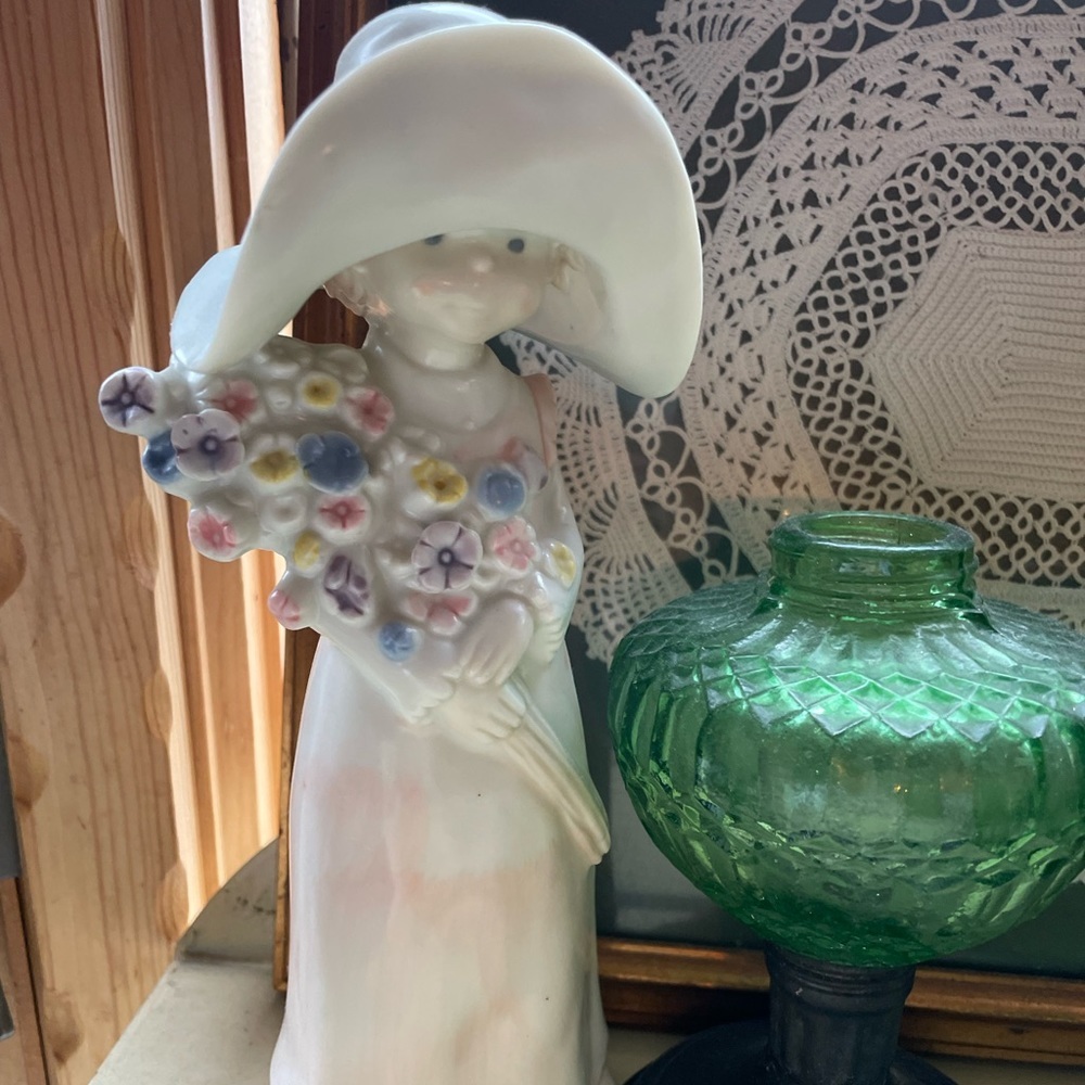 1980s Enesco Corp Kinka Fine Porcelain Floppy Hat Girl Holding Flowers Figurine